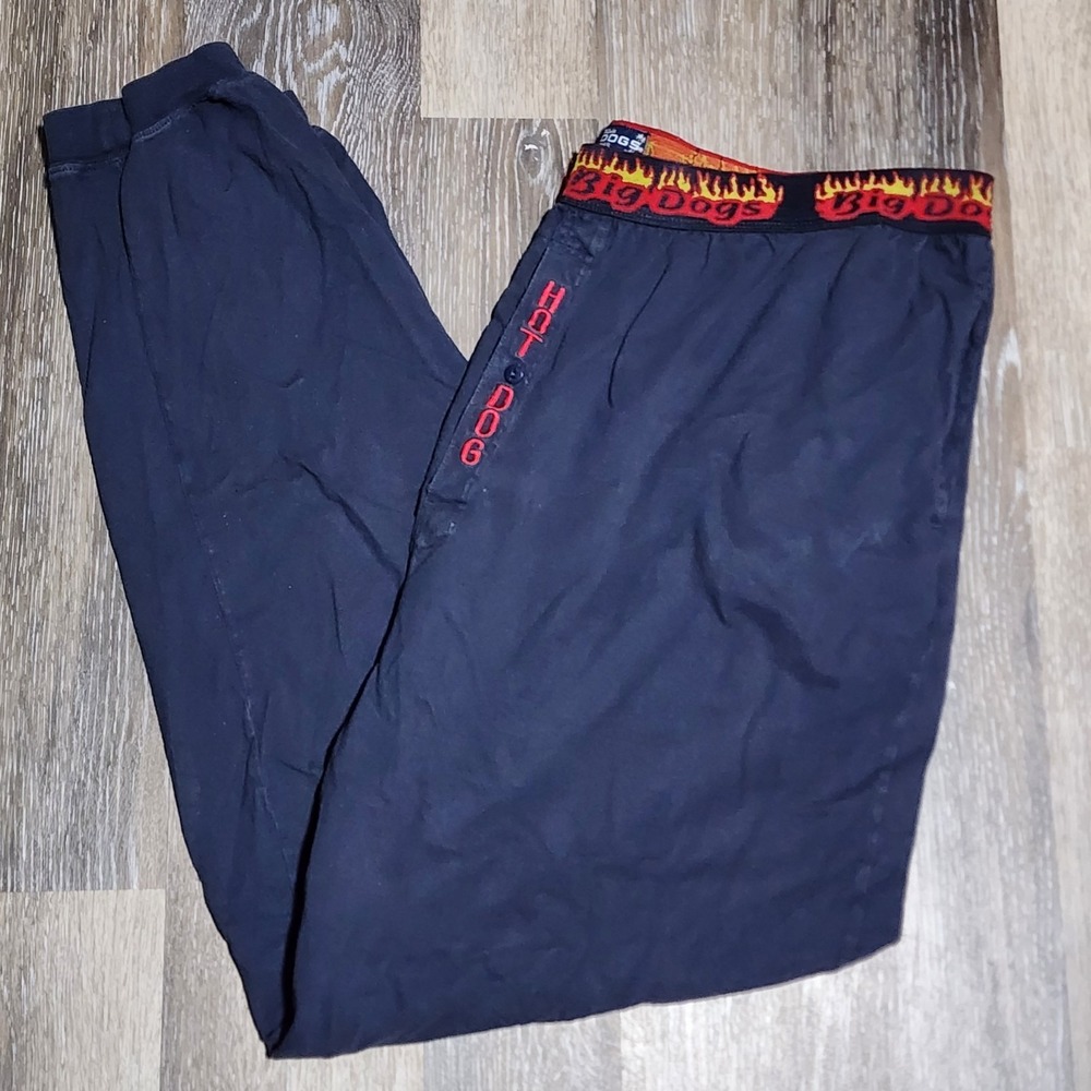 VTG 90s Y2K Big Dogs 3XL Navy Blue Lounge Pants Pajama Hot Dog Flames Button
